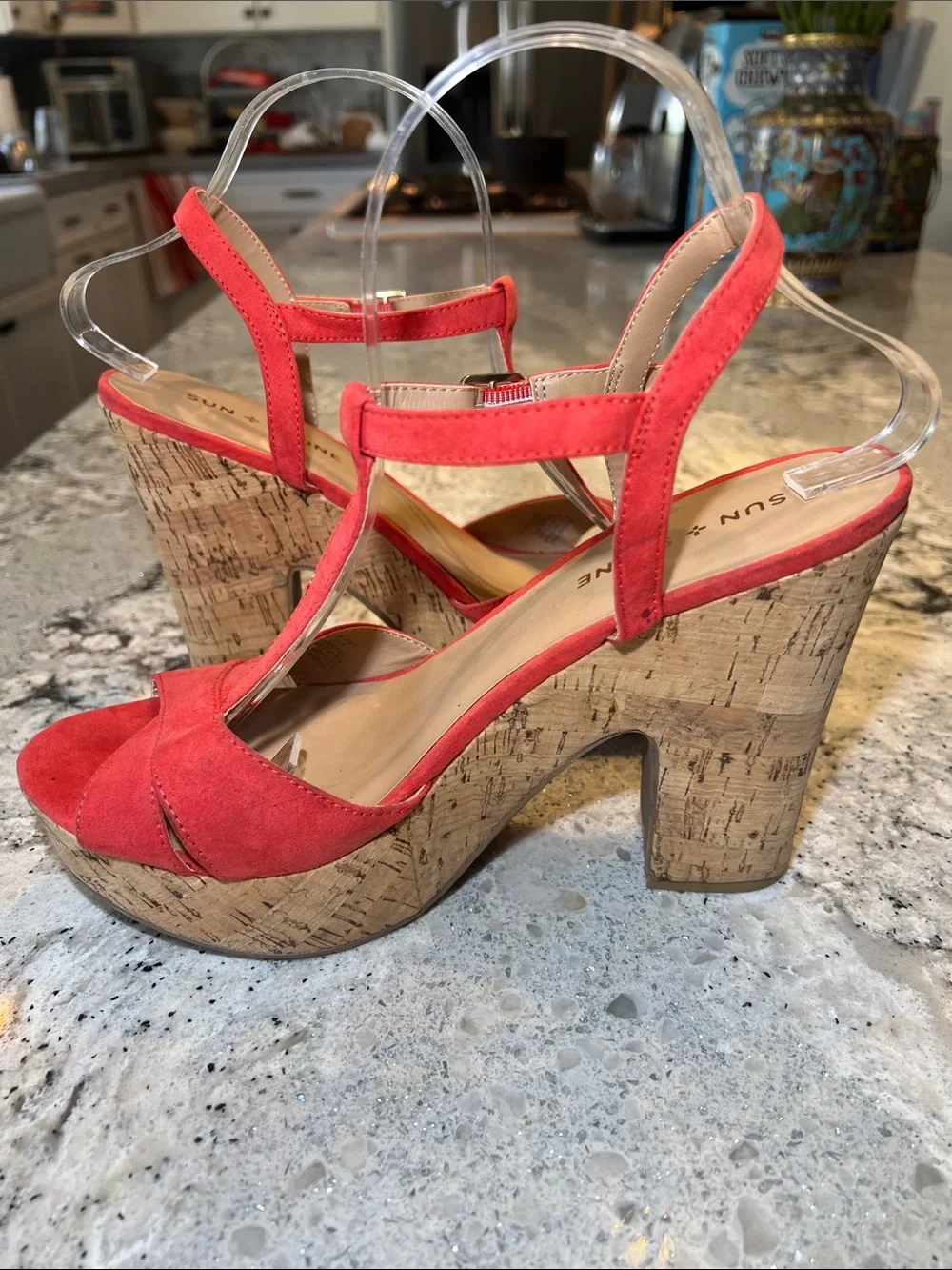 SUN + STONE Jamie T-Strap Platform Sandals Red Coral Cork Block Heel Size 9.5